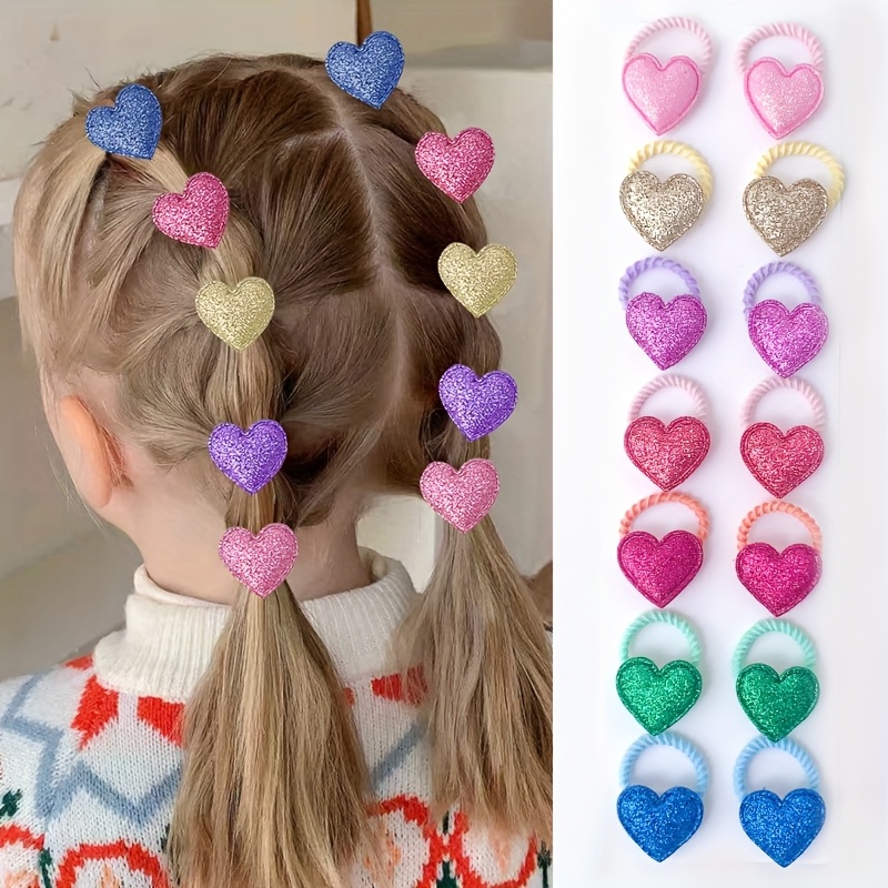 Hair Care For 5 Year Old Girl - 14pcs Hair Ties Cute Glitter Heart