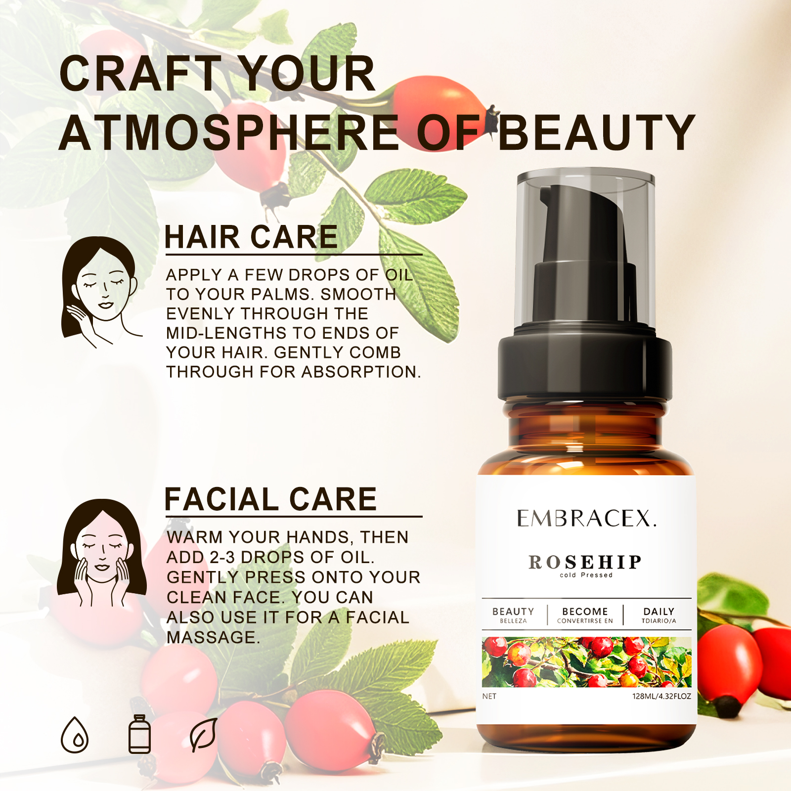 128ml Rosehip Oil Carrier Oils - Hair Care Natural Ingredients recension och pris